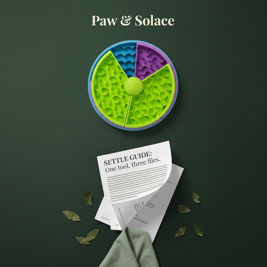 Paw & Solace slow feeder and settle guide arranged in a square flat-lay product image