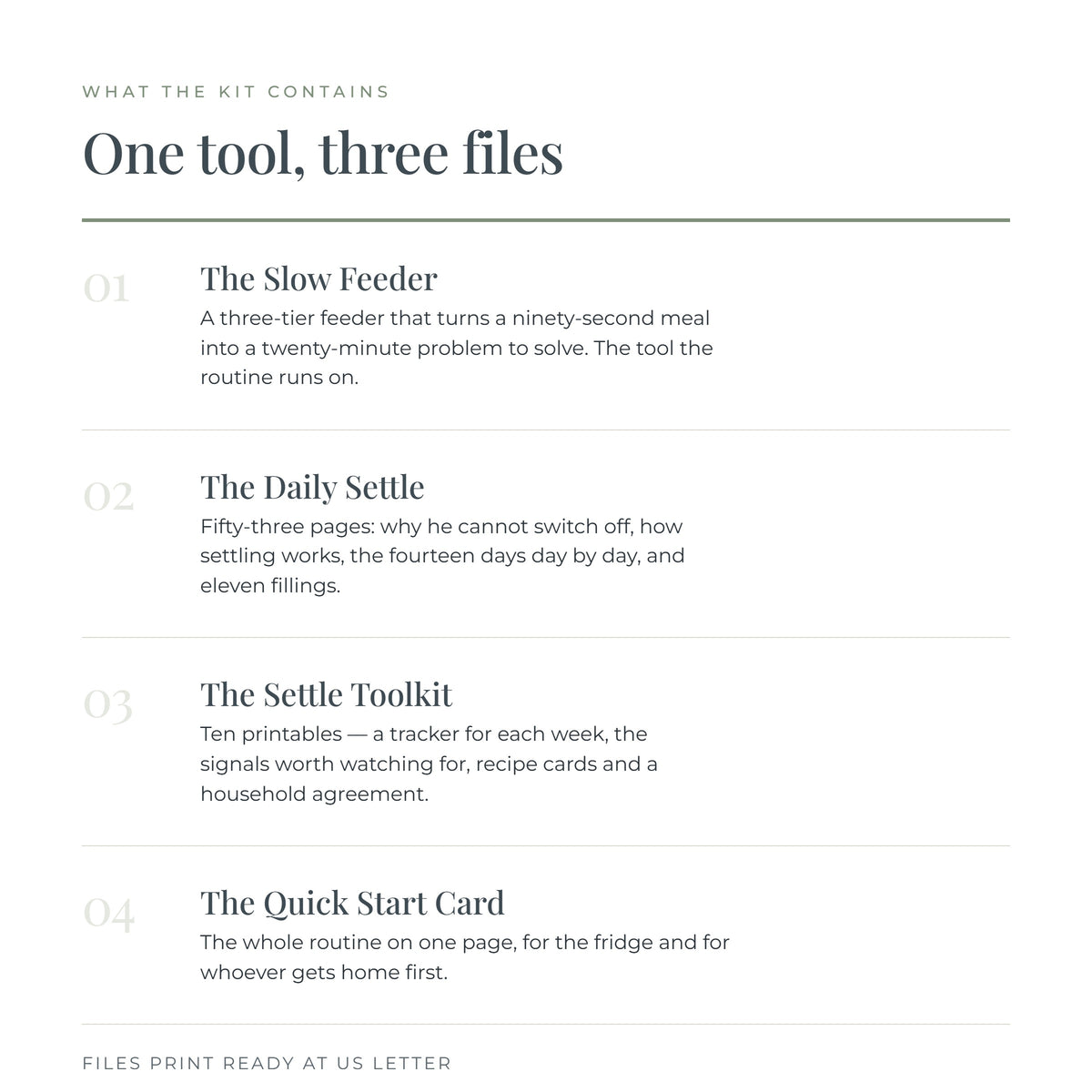What the kit contains: one tool and three files — the slow feeder, the guide, the settle toolkit and the quick start card