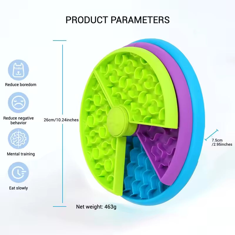 Daily Calm Bowl specifications: three rotating layers, 18 cm diameter slow feeder