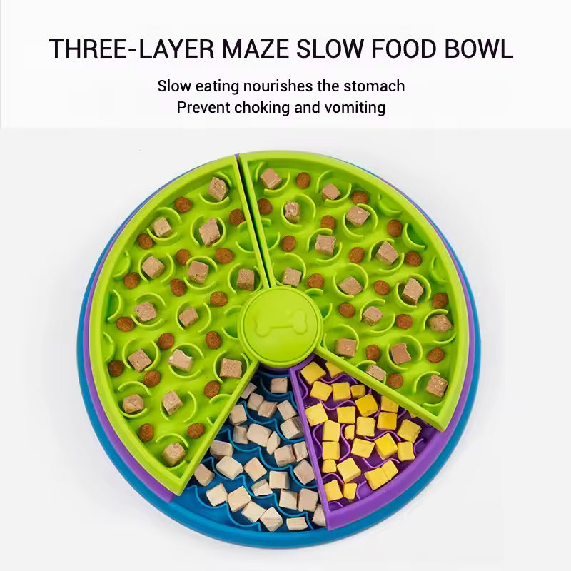 Three-layer maze slow feeder bowl that slows fast eaters and reduces gulped air