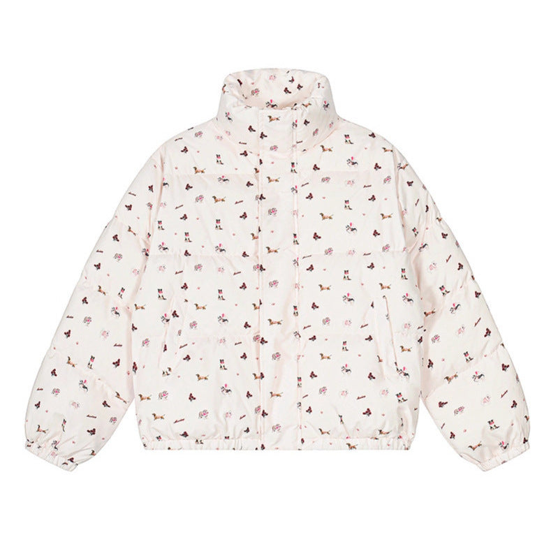 Full-Print Dog Stand Collar Cotton Coat Warm Casual Loose Bread Coat Outerwear