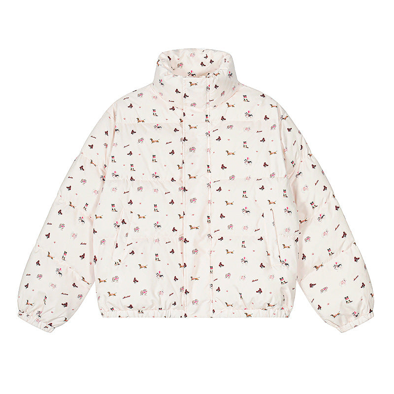Full-Print Dog Stand Collar Cotton Coat Warm Casual Loose Bread Coat Outerwear