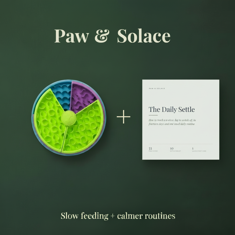 The Daily Settle Kit slow feeder and clear guide booklet with a plus sign between them on a deep green background